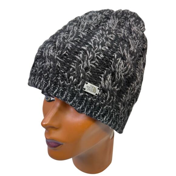 The North Face Knit Beanie Winter Hat Black White Grey Lined Ski Hat Chunky - Picture 2 of 7